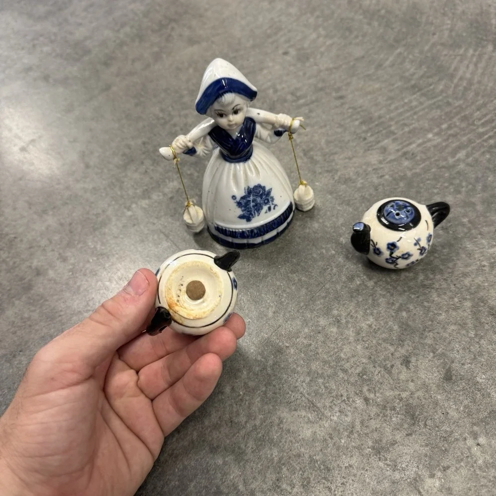 Vintage Made in Japan Dutch Girl Figurine & Teapot Salt Pepper Shaker Set